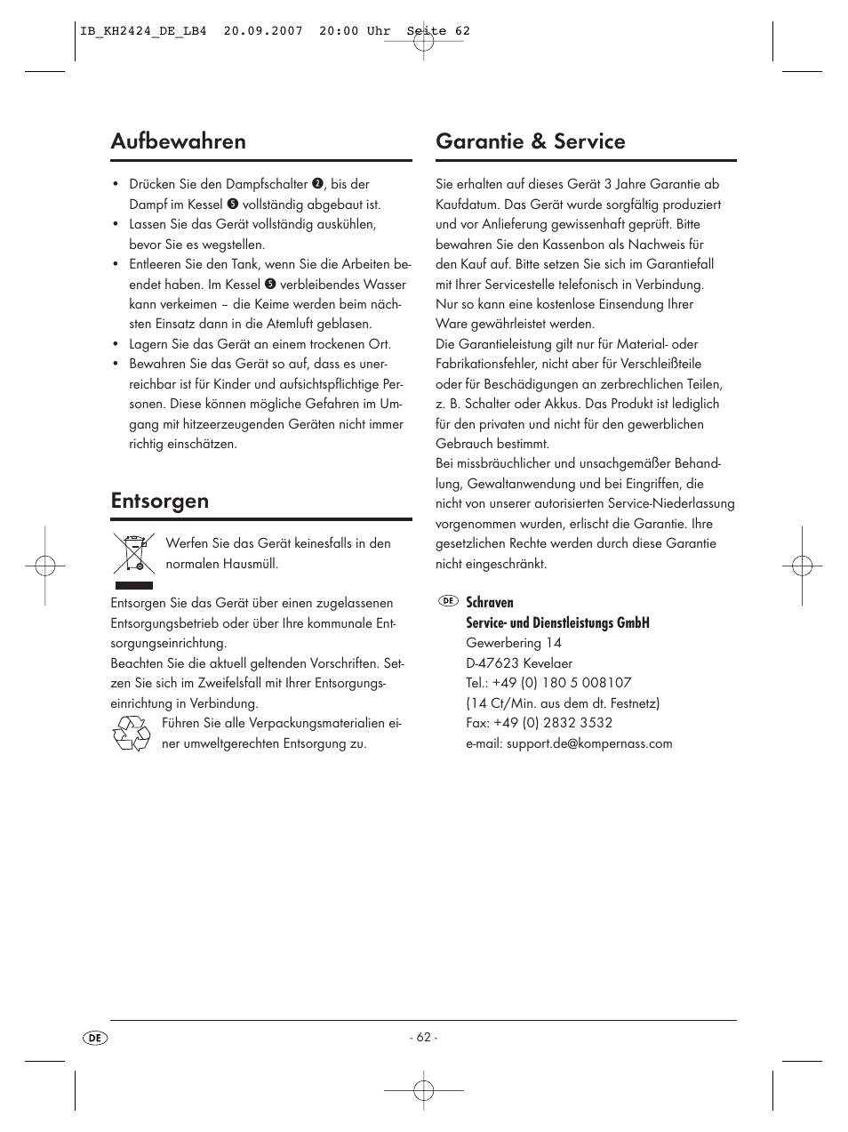 Aufbewahren, Entsorgen, Garantie & service | Kompernass KH 2424 User Manual | Page 64 / 66