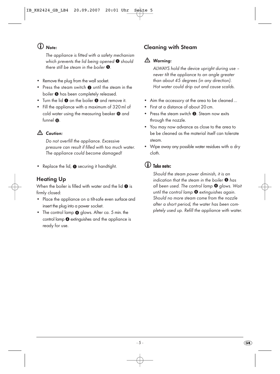 Heating up, Cleaning with steam | Kompernass KH 2424 User Manual | Page 7 / 66