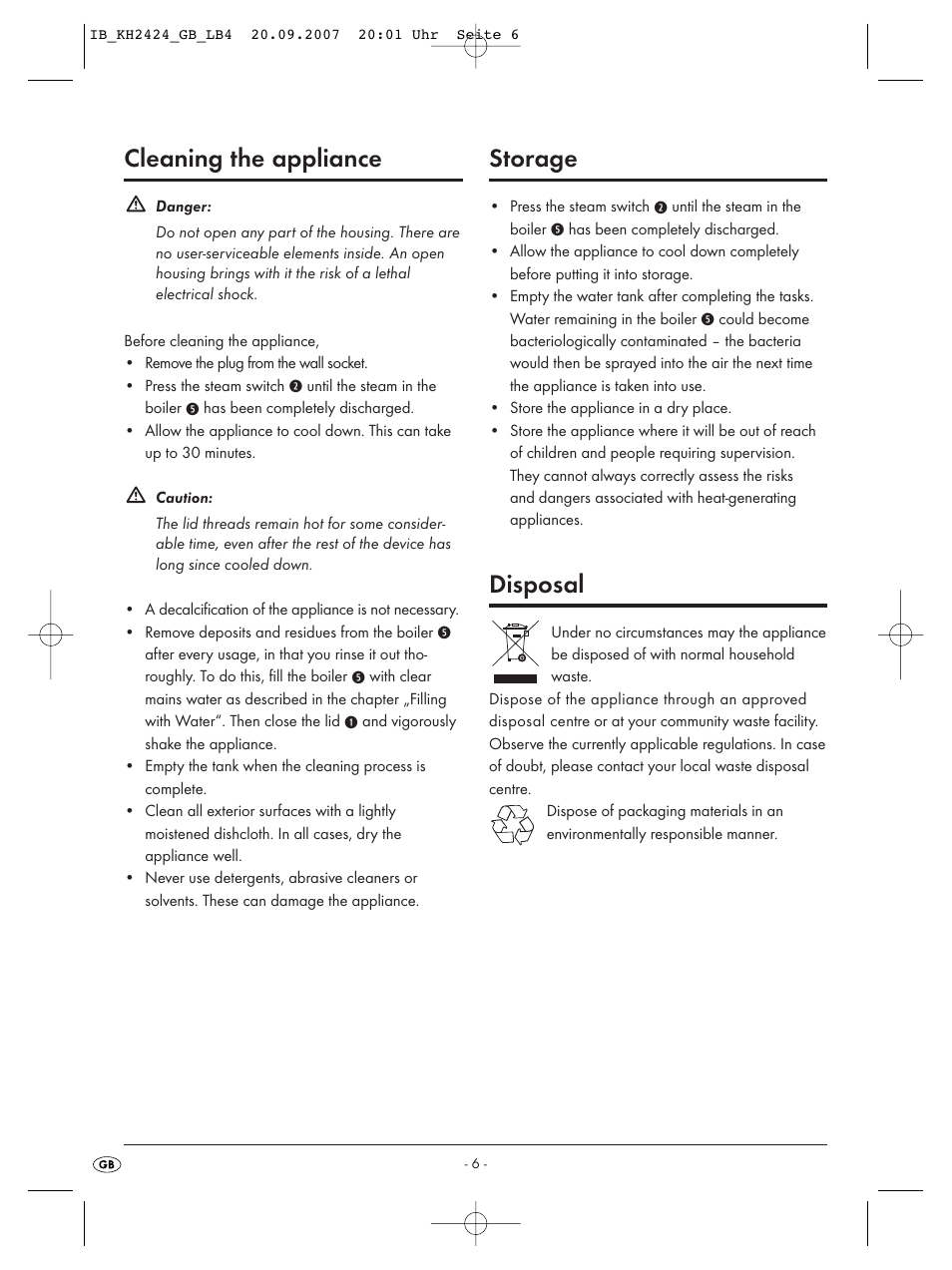 Cleaning the appliance, Storage, Disposal | Kompernass KH 2424 User Manual | Page 8 / 66