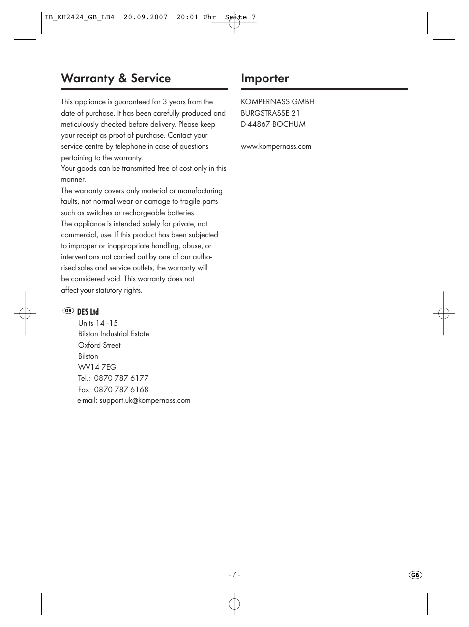 Warranty & service, Importer | Kompernass KH 2424 User Manual | Page 9 / 66