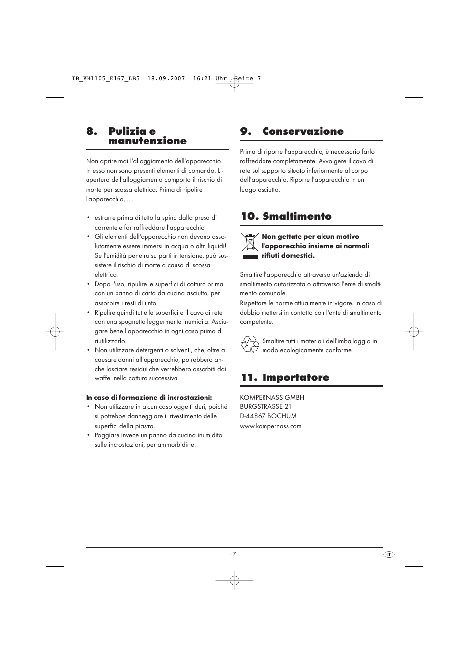 Pulizia e manutenzione, Conservazione, Smaltimento | Importatore | Kompernass KH 1105 User Manual | Page 10 / 19