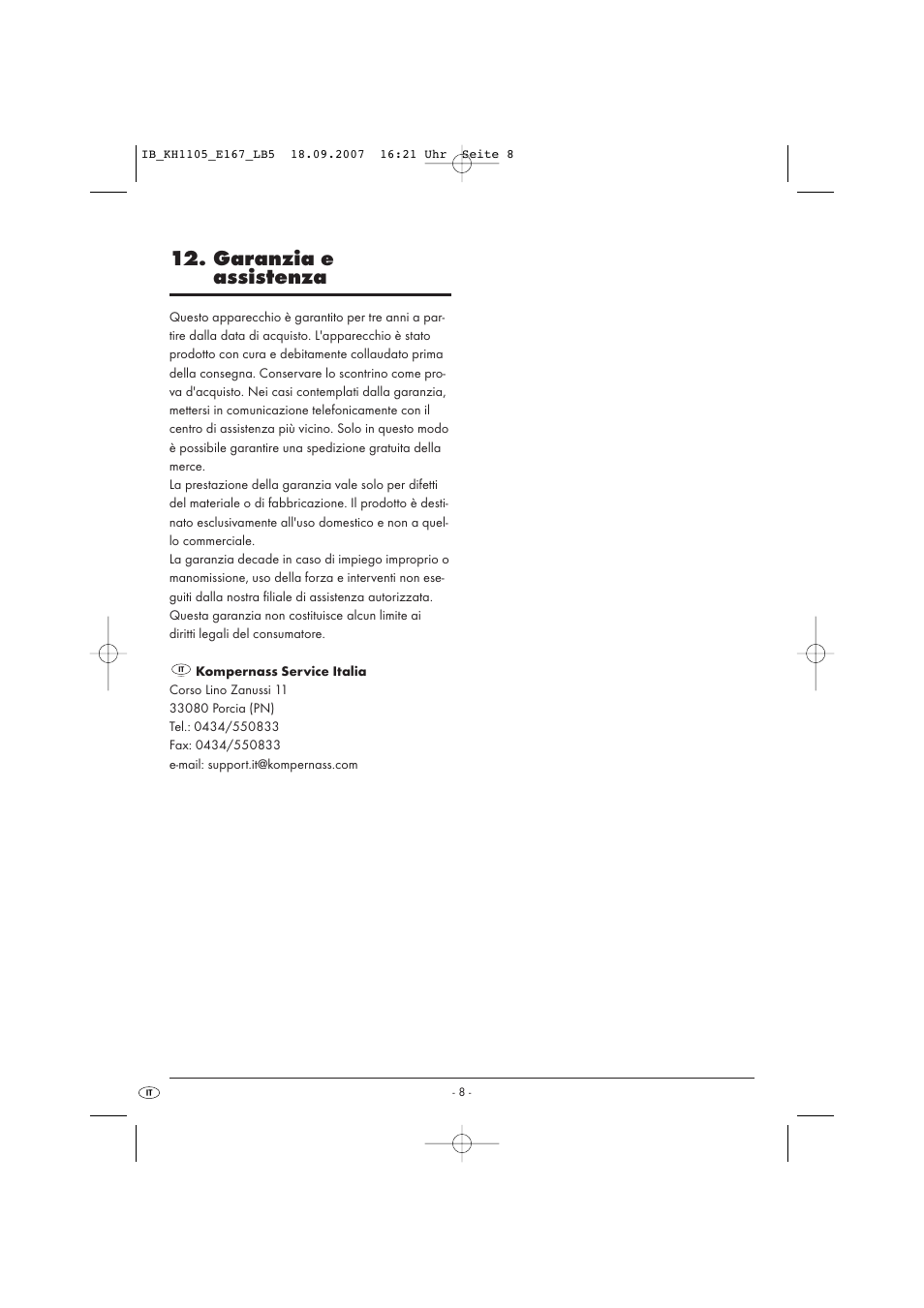 Garanzia e assistenza | Kompernass KH 1105 User Manual | Page 11 / 19