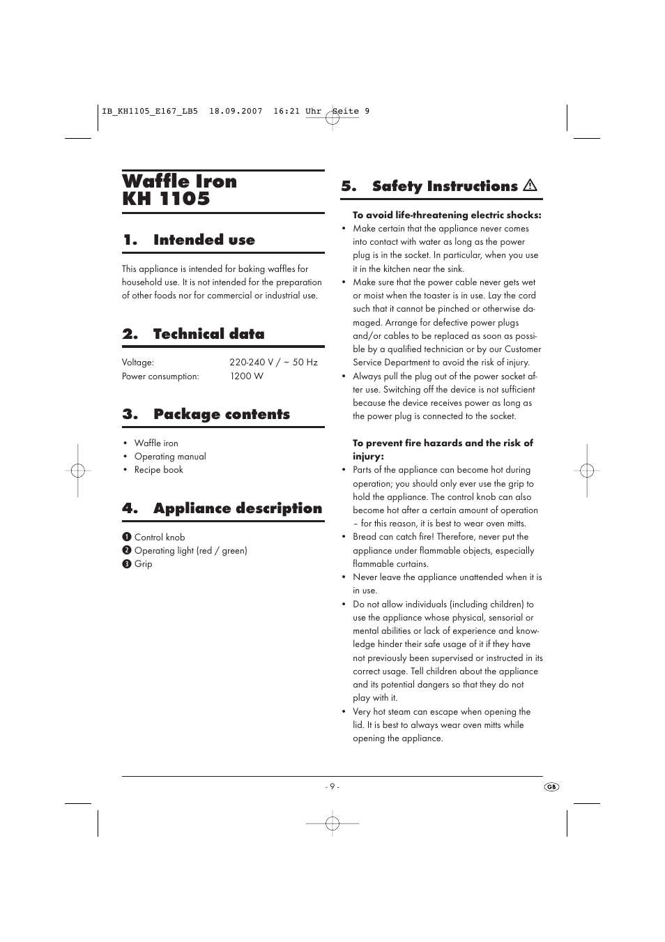 Waffle iron kh 1105, Intended use, Technical data | Package contents, Appliance description, Safety instructions ƽ | Kompernass KH 1105 User Manual | Page 12 / 19