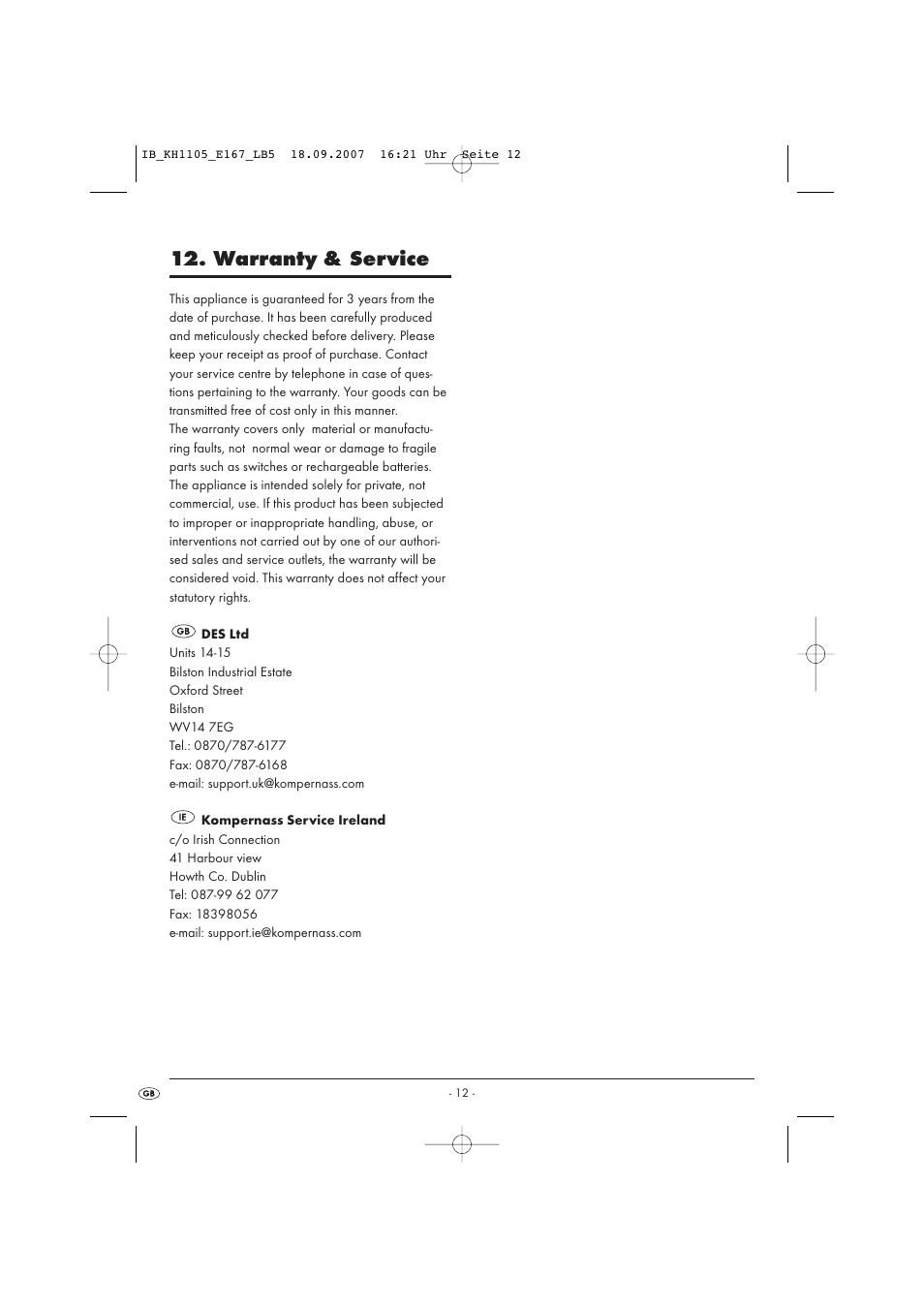 Warranty & service | Kompernass KH 1105 User Manual | Page 15 / 19