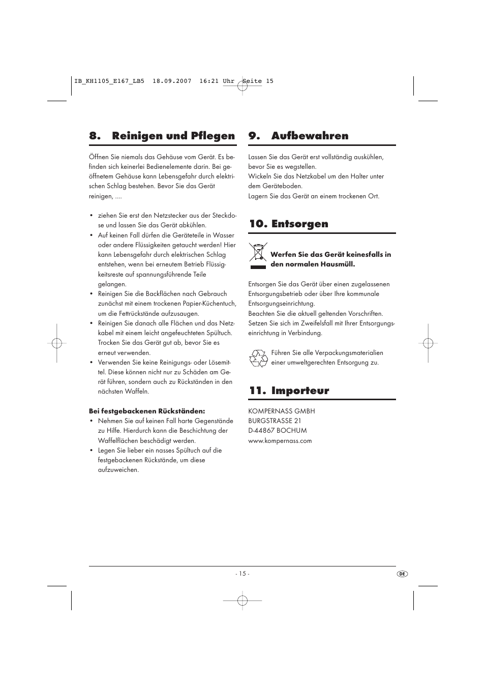 Reinigen und pflegen, Aufbewahren, Entsorgen | Importeur | Kompernass KH 1105 User Manual | Page 18 / 19