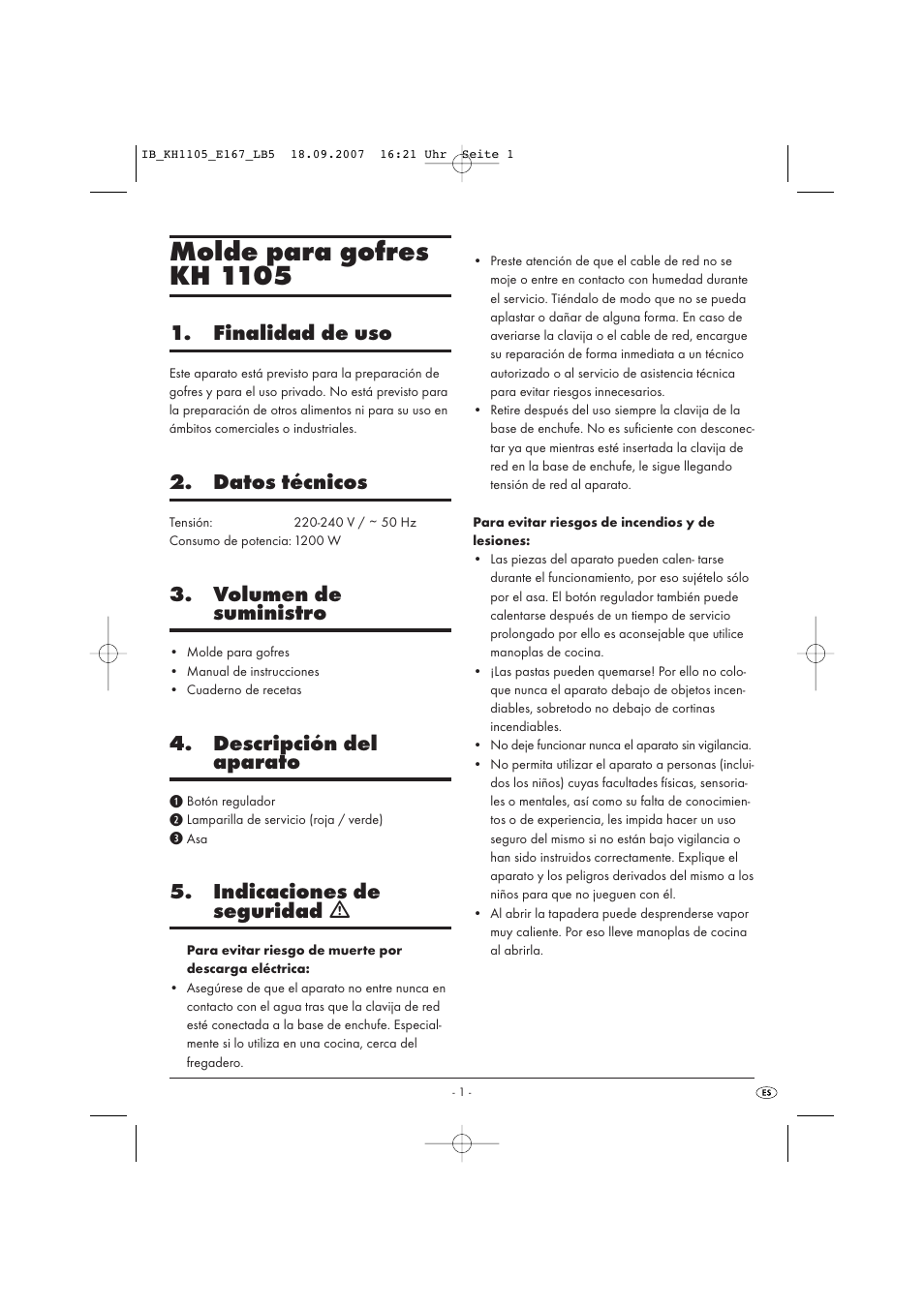 Molde para gofres kh 1105, Finalidad de uso, Datos técnicos | Volumen de suministro, Descripción del aparato, Indicaciones de seguridad ƽ | Kompernass KH 1105 User Manual | Page 4 / 19