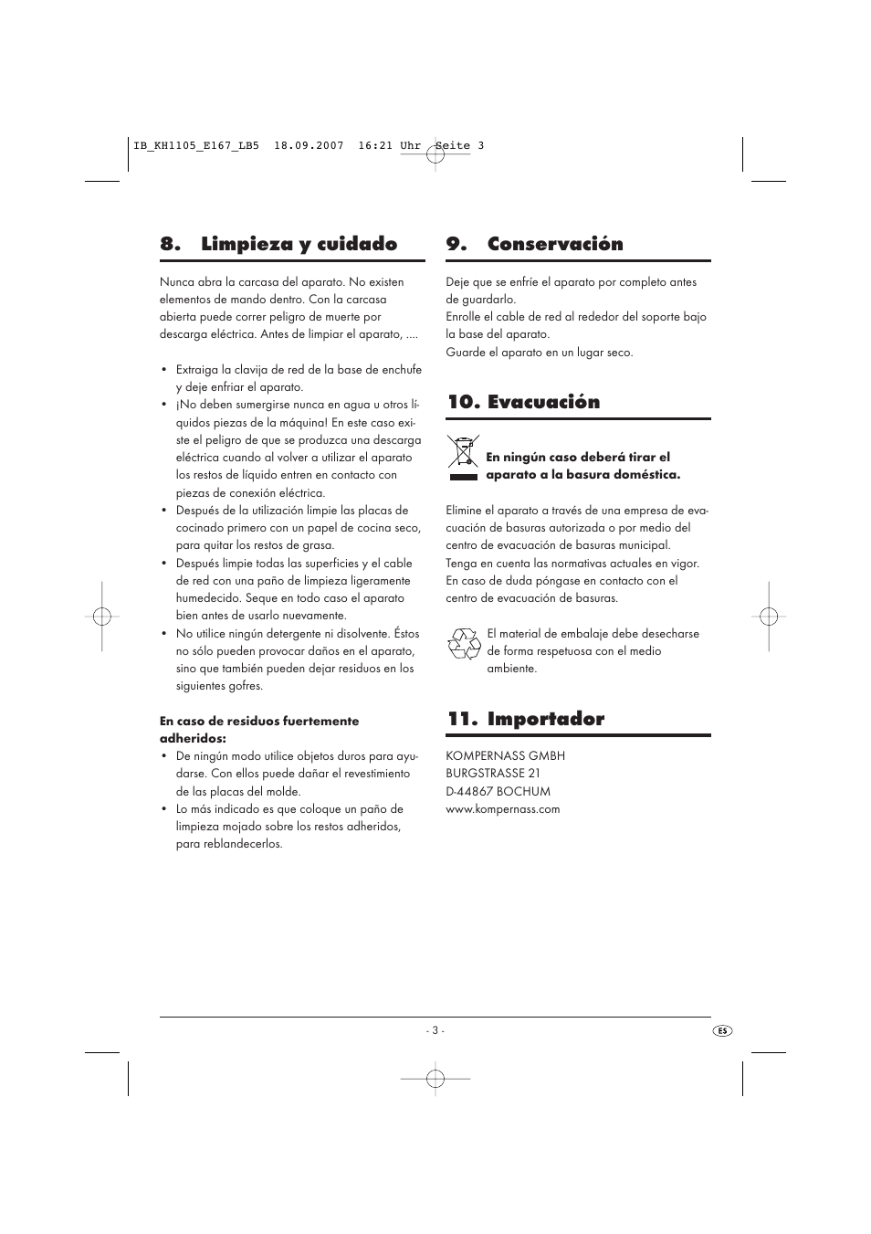 Limpieza y cuidado, Conservación, Evacuación | Importador | Kompernass KH 1105 User Manual | Page 6 / 19