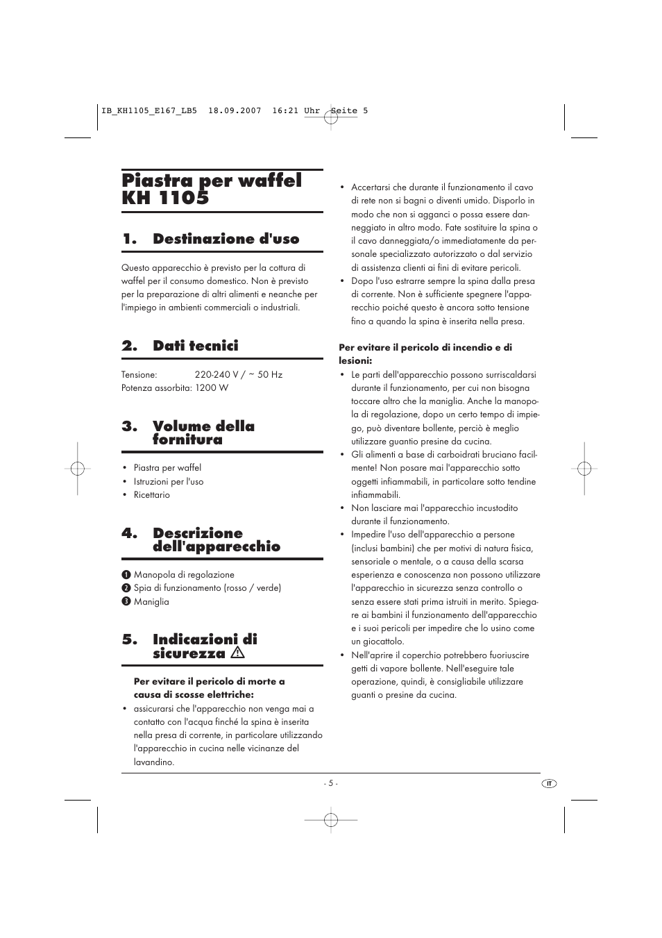 Piastra per waffel kh 1105, Destinazione d'uso, Dati tecnici | Volume della fornitura, Descrizione dell'apparecchio, Indicazioni di sicurezza ƽ | Kompernass KH 1105 User Manual | Page 8 / 19