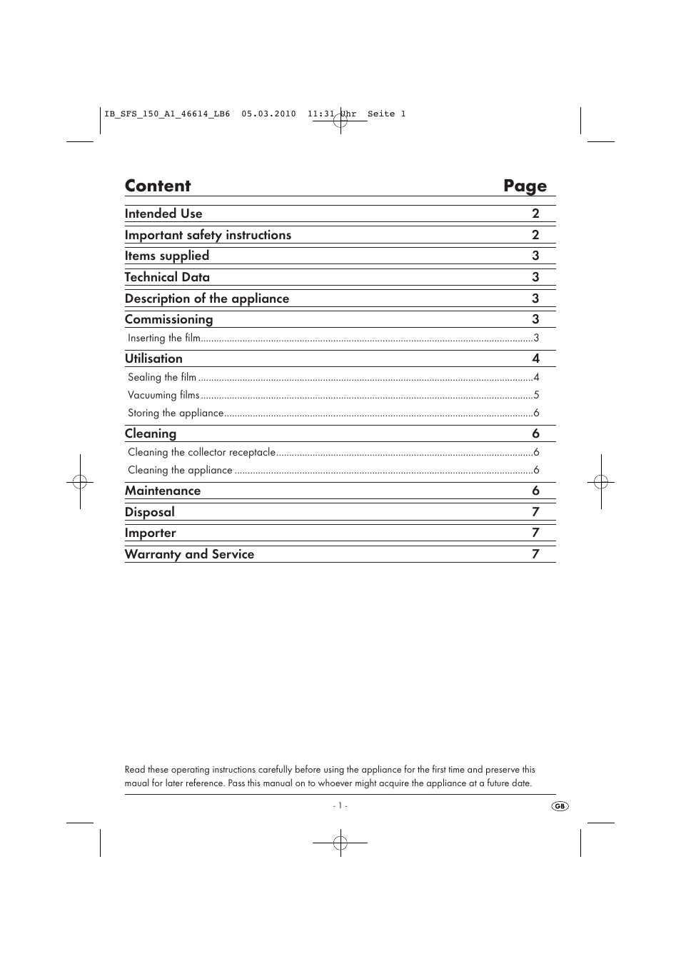 Content page | Kompernass SFS 150 A1 User Manual | Page 3 / 9
