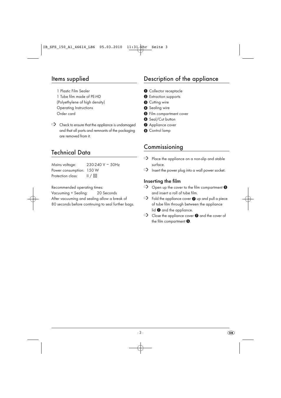 Items supplied, Technical data, Description of the appliance | Commissioning | Kompernass SFS 150 A1 User Manual | Page 5 / 9