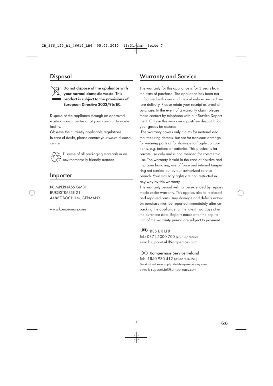 Disposal, Importer, Warranty and service | Kompernass SFS 150 A1 User Manual | Page 9 / 9
