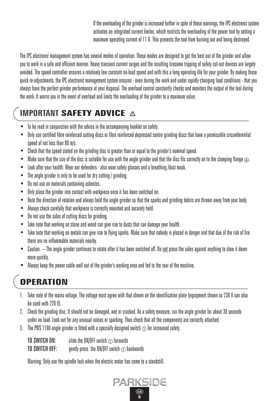 Important safety advice, Operation | Kompernass PWS 1100 User Manual | Page 5 / 12