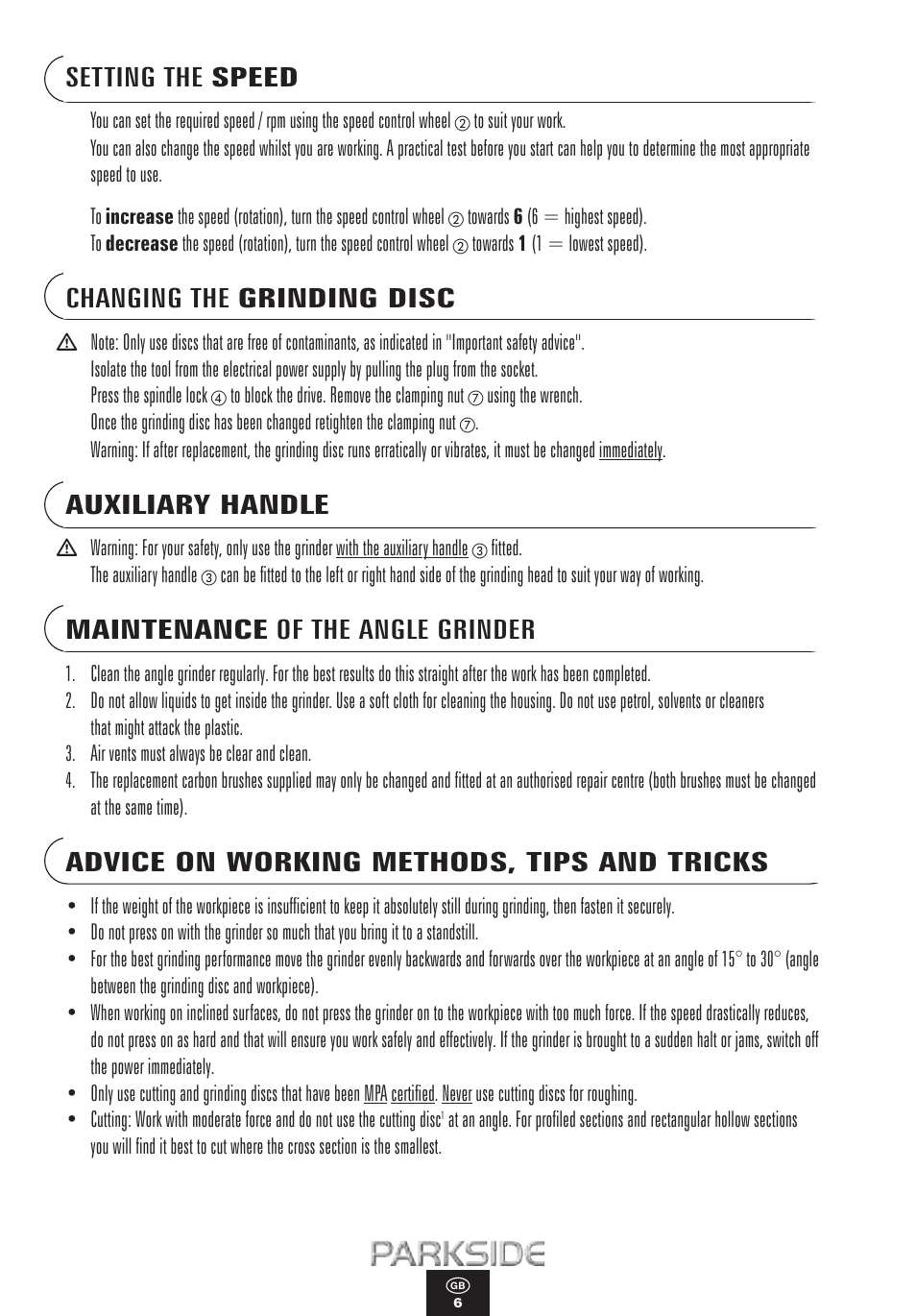 Setting the speed, Changing the grinding disc, Auxiliary handle | Maintenance of the angle grinder, Advice on working methods, tips and tricks | Kompernass PWS 1100 User Manual | Page 6 / 12