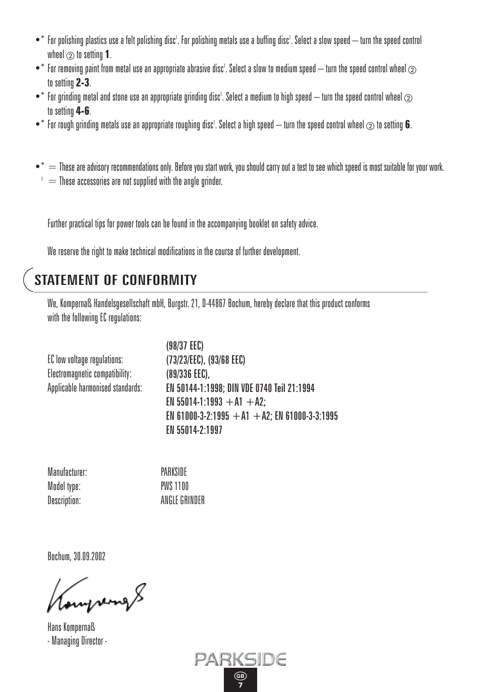 Statement of conformity | Kompernass PWS 1100 User Manual | Page 7 / 12