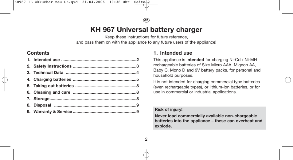 Kh 967 universal battery charger | Kompernass KH 967 User Manual | Page 2 / 10