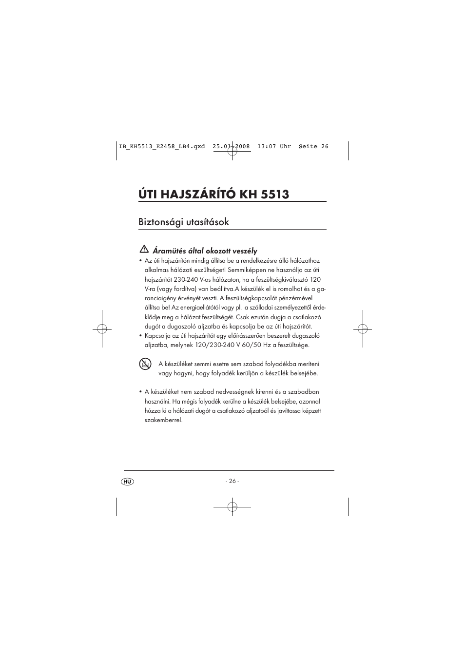 Úti hajszárító kh 5513, Biztonsági utasítások | Kompernass KH 5513 User Manual | Page 28 / 90