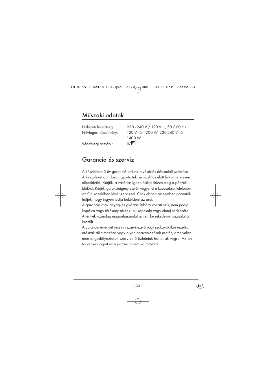 Műszaki adatok, Garancia és szerviz | Kompernass KH 5513 User Manual | Page 35 / 90