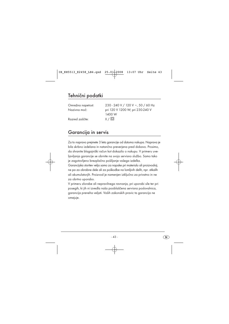 Tehnični podatki, Garancija in servis | Kompernass KH 5513 User Manual | Page 45 / 90