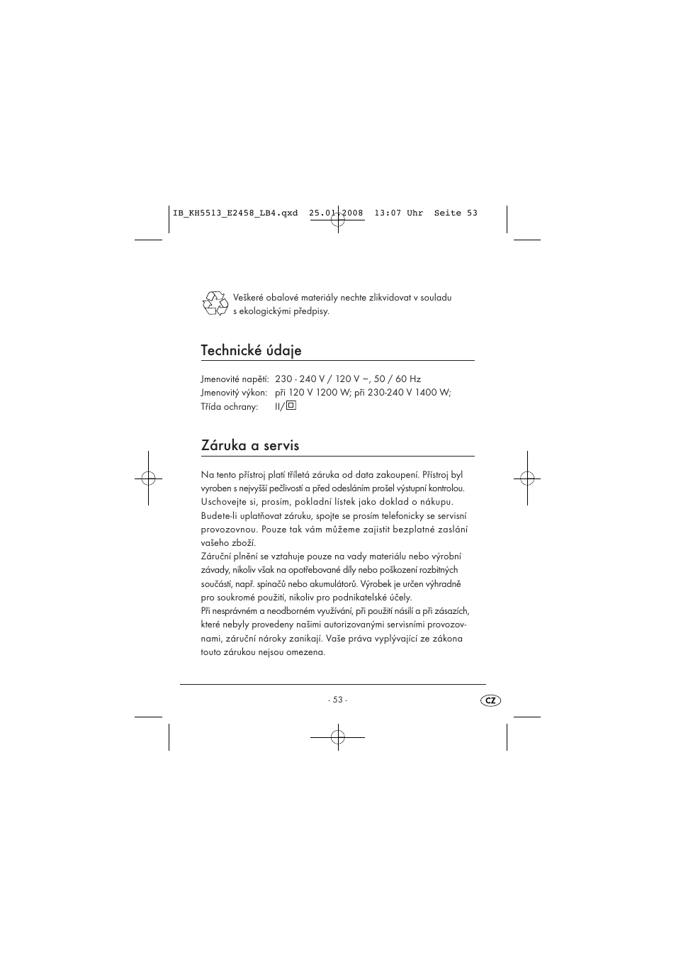 Technické údaje, Záruka a servis | Kompernass KH 5513 User Manual | Page 55 / 90