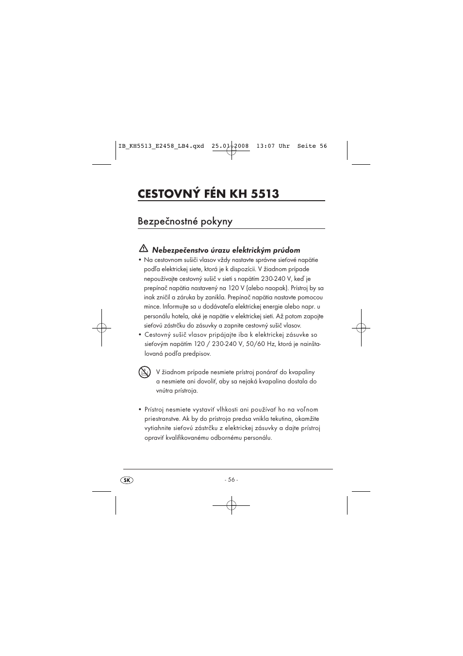 Cestovný fén kh 5513, Bezpečnostné pokyny | Kompernass KH 5513 User Manual | Page 58 / 90
