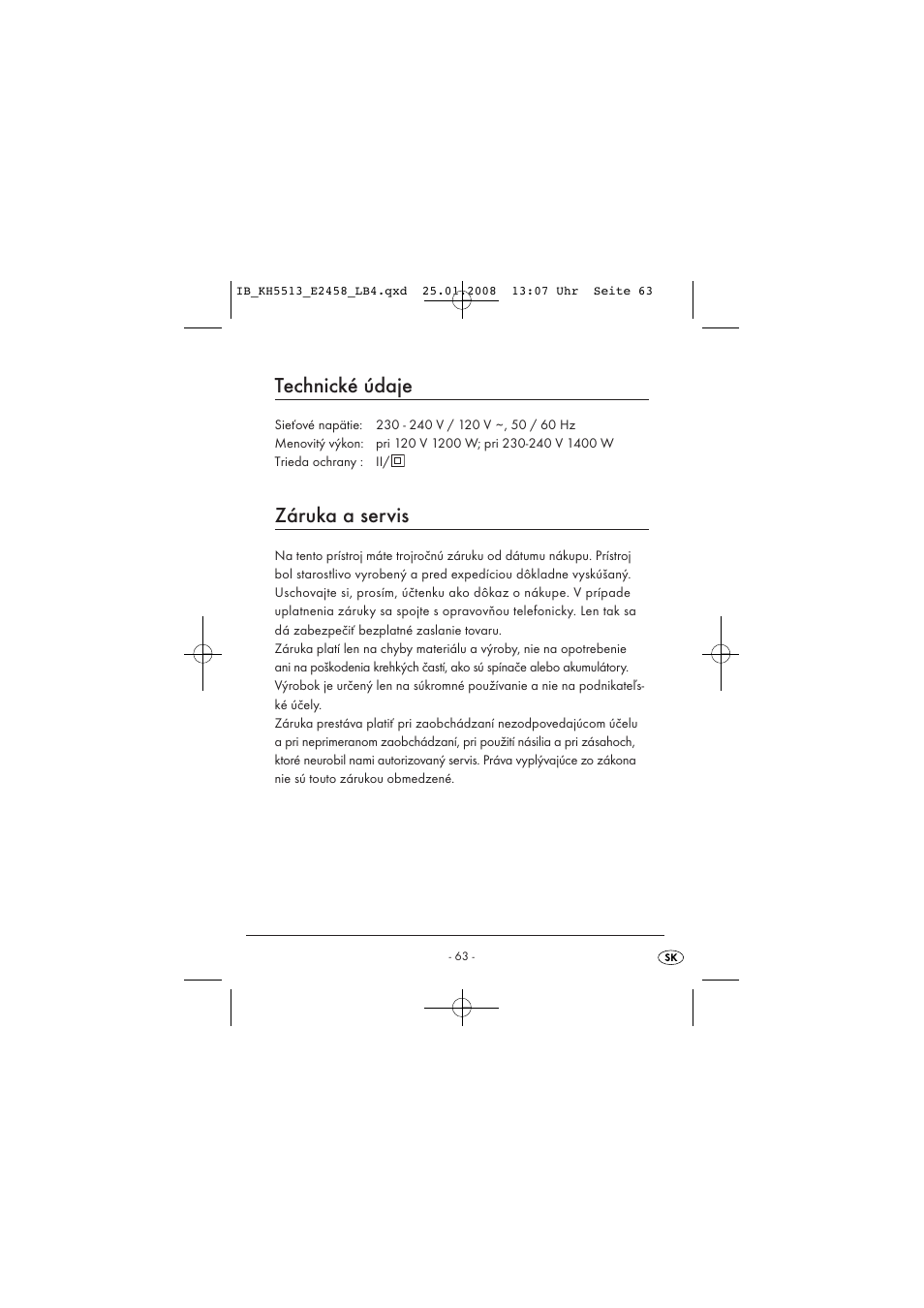 Technické údaje, Záruka a servis | Kompernass KH 5513 User Manual | Page 65 / 90
