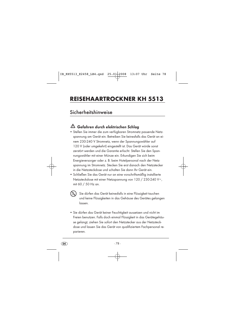 Reisehaartrockner kh 5513, Sicherheitshinweise | Kompernass KH 5513 User Manual | Page 80 / 90