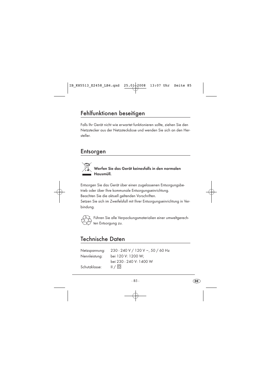Fehlfunktionen beseitigen, Entsorgen, Technische daten | Kompernass KH 5513 User Manual | Page 87 / 90