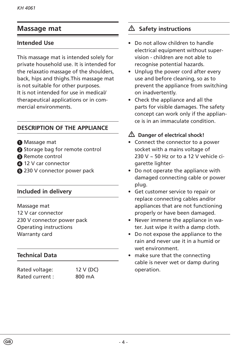 Massage mat | Kompernass KH 4061 User Manual | Page 4 / 8