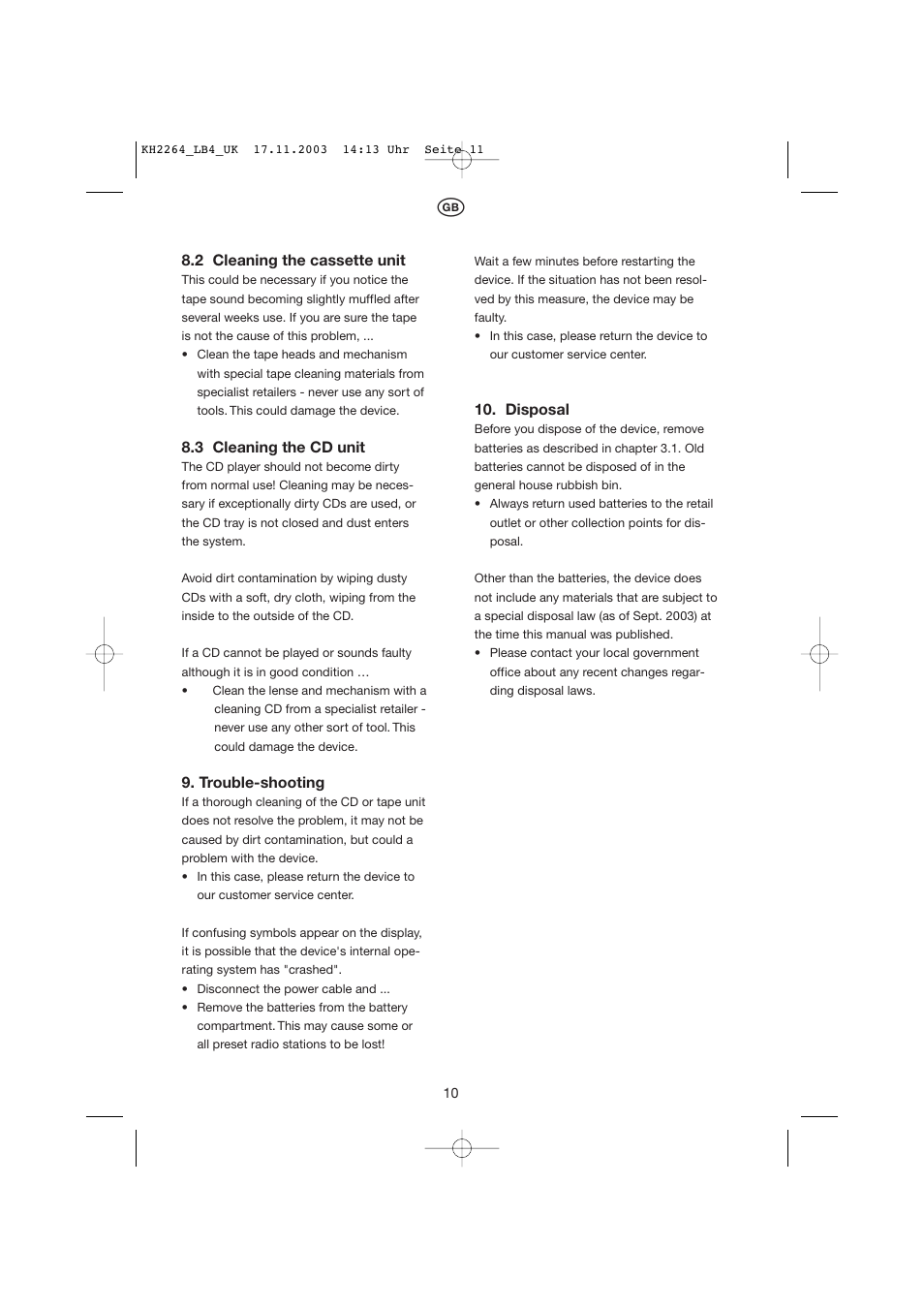 2 cleaning the cassette unit, 3 cleaning the cd unit, Trouble-shooting | Disposal | Kompernass KH 2264 User Manual | Page 11 / 13