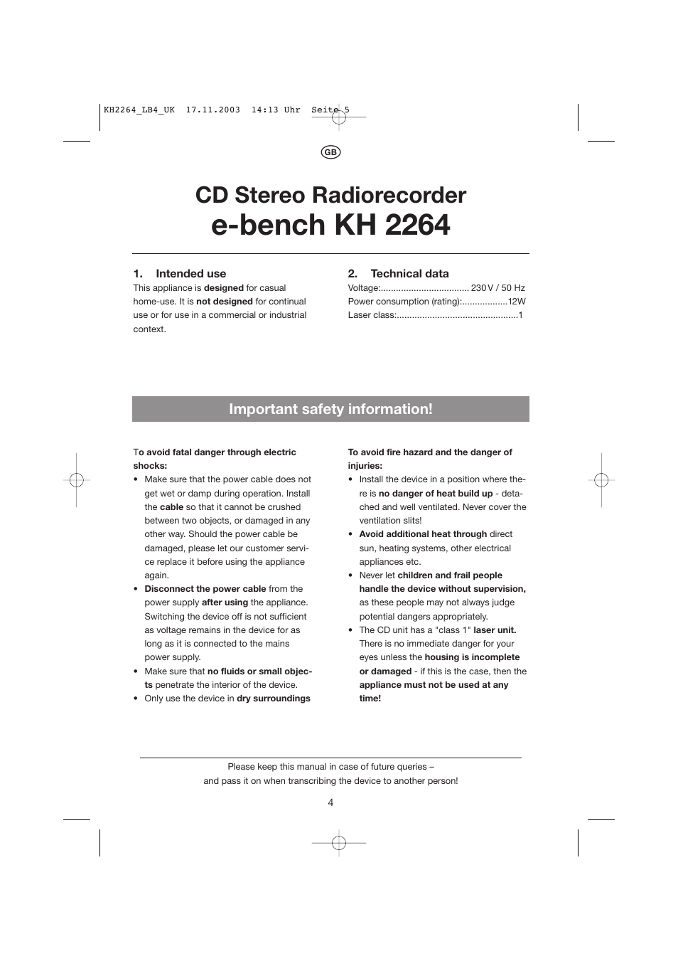 E-bench kh 2264, Cd stereo radiorecorder, Important safety information | Kompernass KH 2264 User Manual | Page 5 / 13