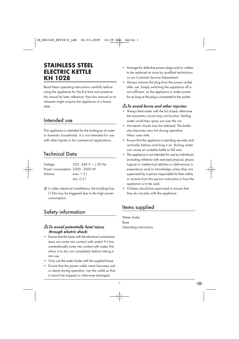 Stainless steel electric kettle kh 1028, Intended use, Technical data | Safety information, Items supplied | Kompernass KH 1028 User Manual | Page 3 / 6