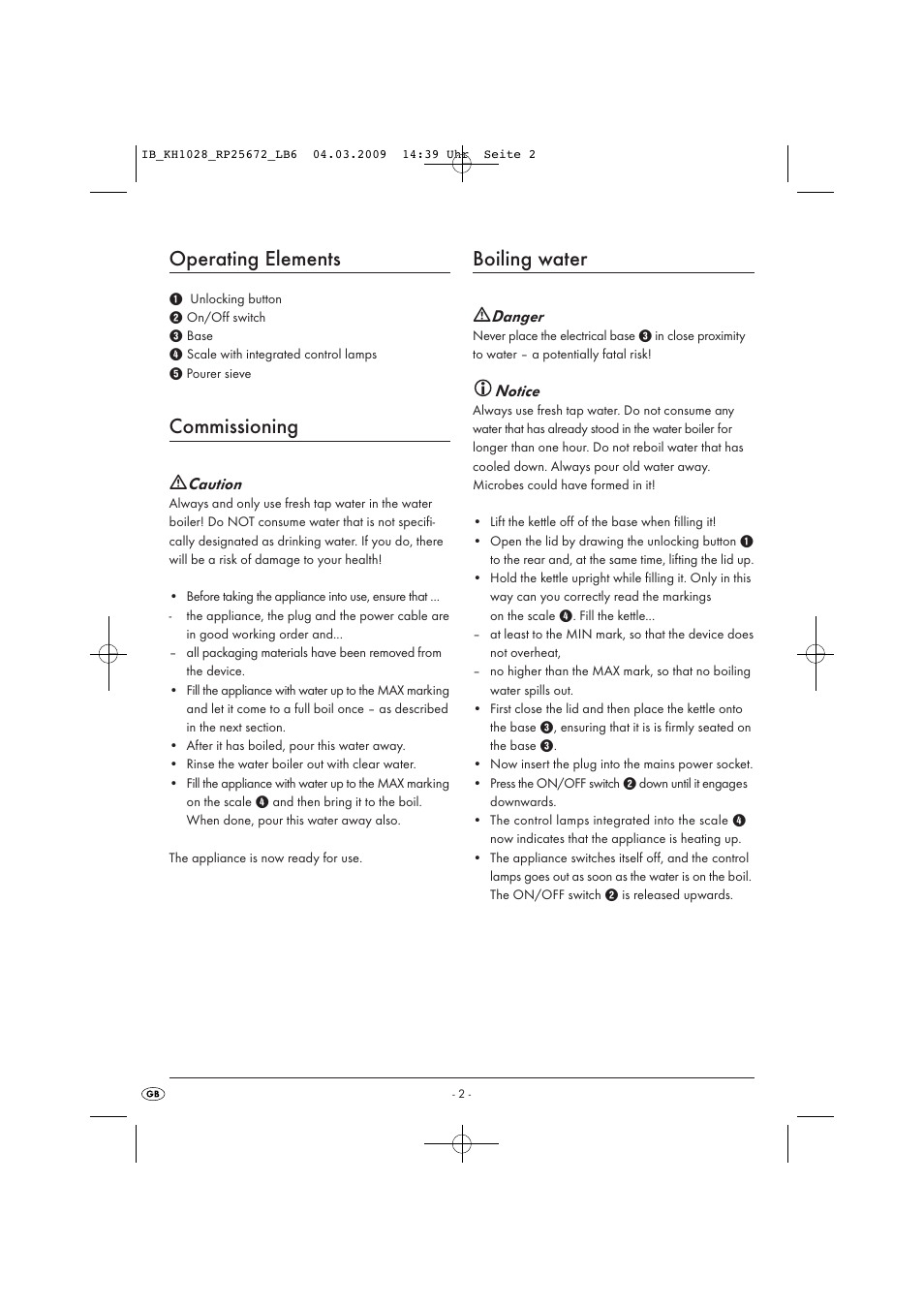 Operating elements, Commissioning, Boiling water | Kompernass KH 1028 User Manual | Page 4 / 6