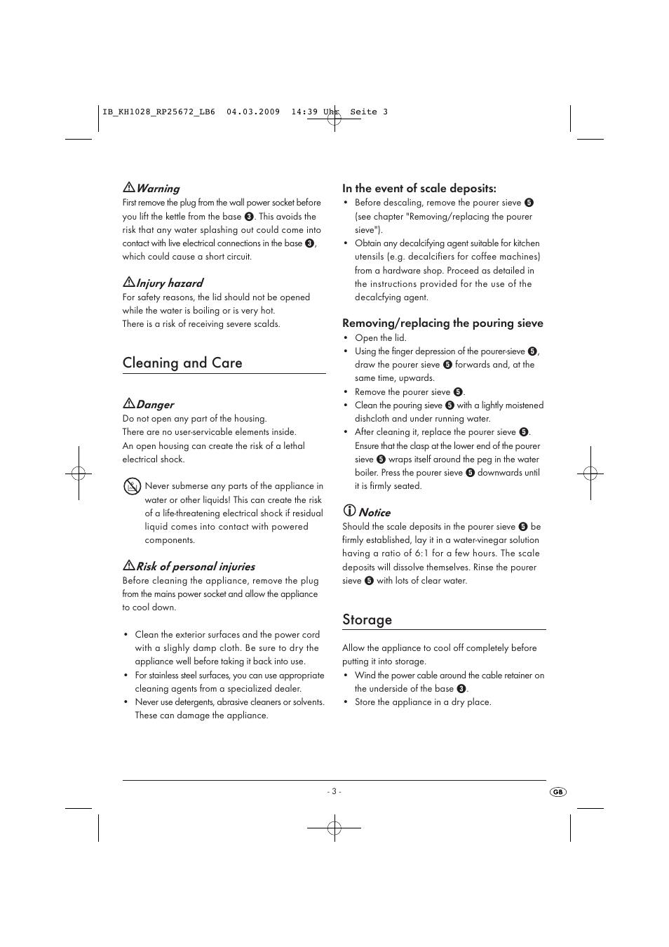 Cleaning and care, Storage | Kompernass KH 1028 User Manual | Page 5 / 6