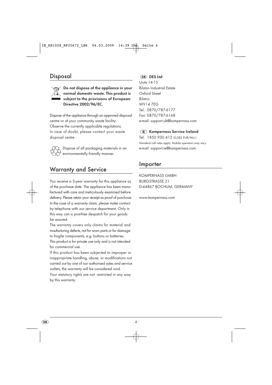 Disposal, Warranty and service, Importer | Kompernass KH 1028 User Manual | Page 6 / 6
