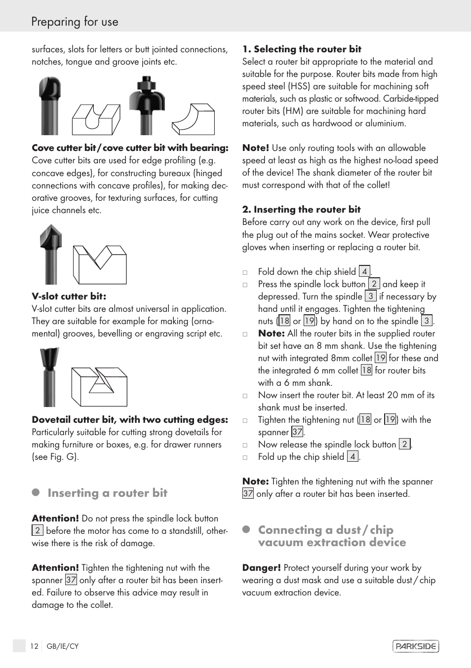 Preparing for use, Inserting a router bit, Connecting a dust / chip vacuum extraction device | Kompernass POF1300 User Manual | Page 10 / 16