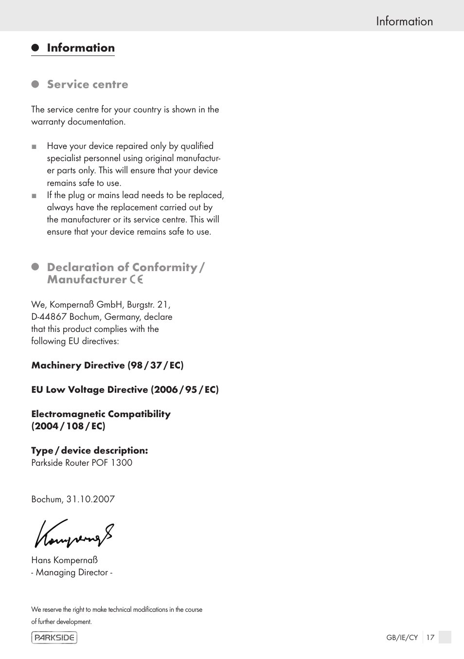 Information, Service centre, Declaration of conformity / manufacturer | Kompernass POF1300 User Manual | Page 15 / 16