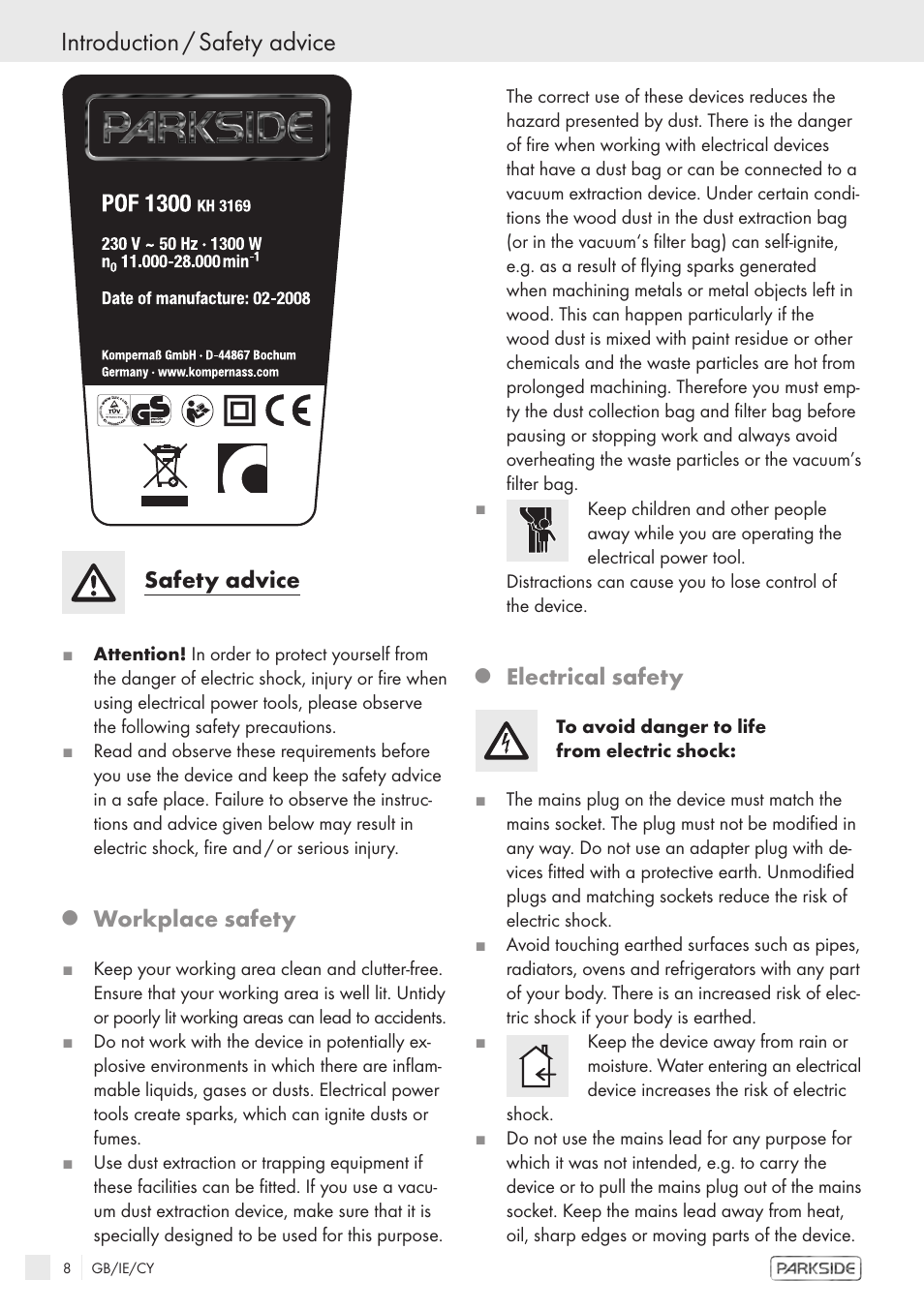 Introduction / safety advice, Safety advice, Workplace safety | Electrical safety | Kompernass POF1300 User Manual | Page 6 / 16