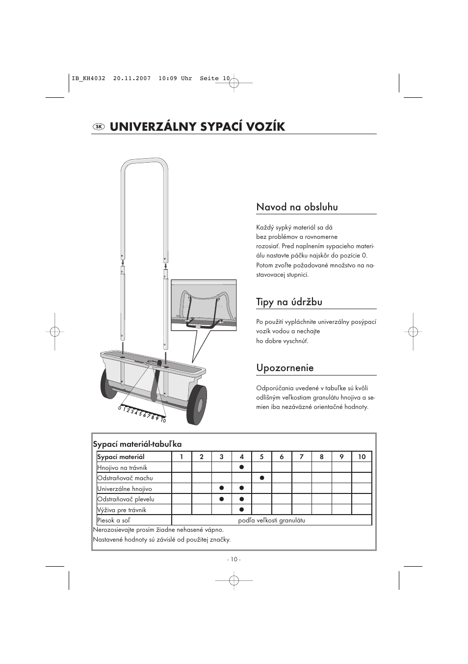 Univerzálny sypací vozík, Navod na obsluhu, Tipy na údržbu | Upozornenie | Kompernass KH 4032 User Manual | Page 11 / 15