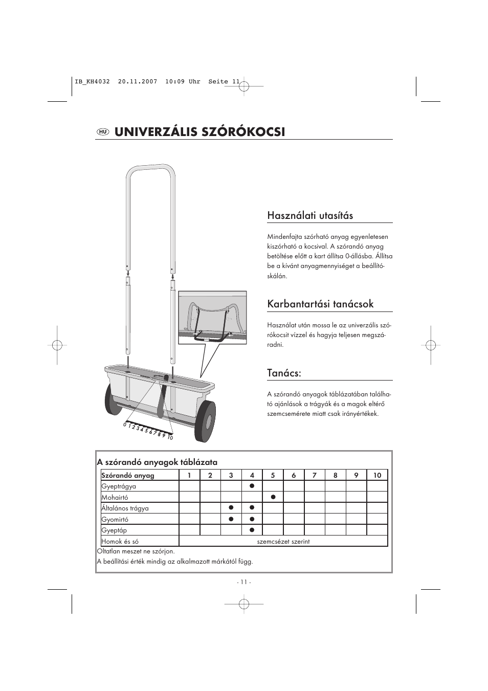Univerzális szórókocsi, Használati utasítás, Karbantartási tanácsok | Tanács | Kompernass KH 4032 User Manual | Page 12 / 15