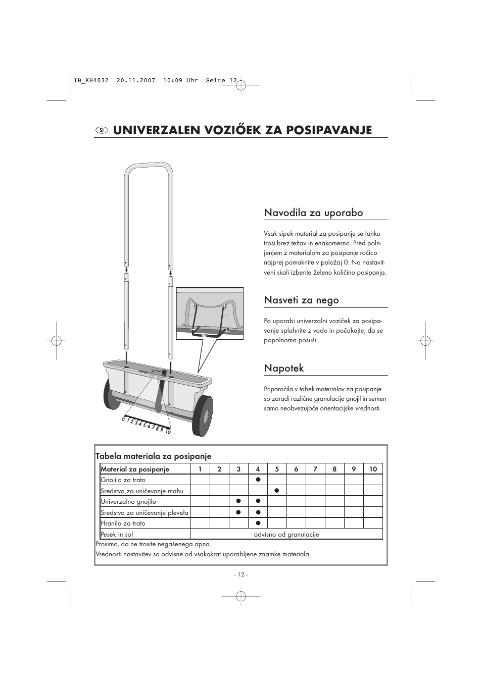 Univerzalen voziőek za posipavanje, Navodila za uporabo, Nasveti za nego | Napotek | Kompernass KH 4032 User Manual | Page 13 / 15