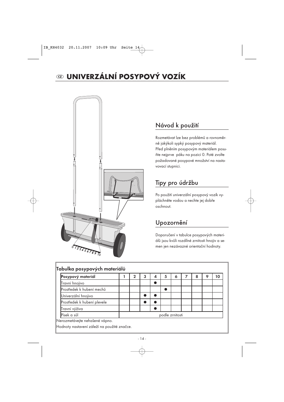 Univerzální posypový vozík, Návod k použití, Tipy pro údržbu | Upozornění | Kompernass KH 4032 User Manual | Page 15 / 15