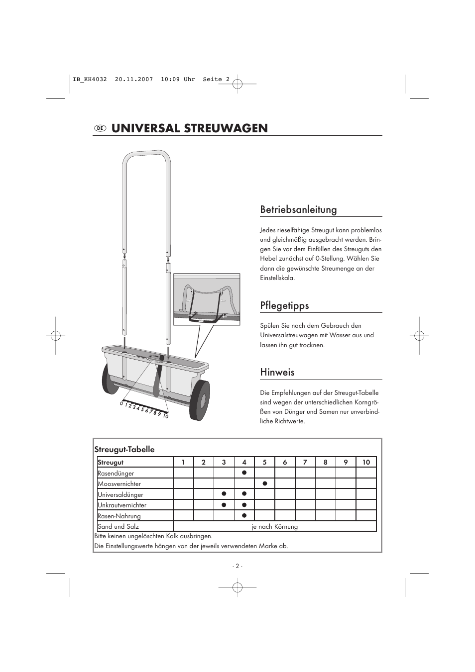 Universal streuwagen, Betriebsanleitung, Pflegetipps | Hinweis | Kompernass KH 4032 User Manual | Page 3 / 15