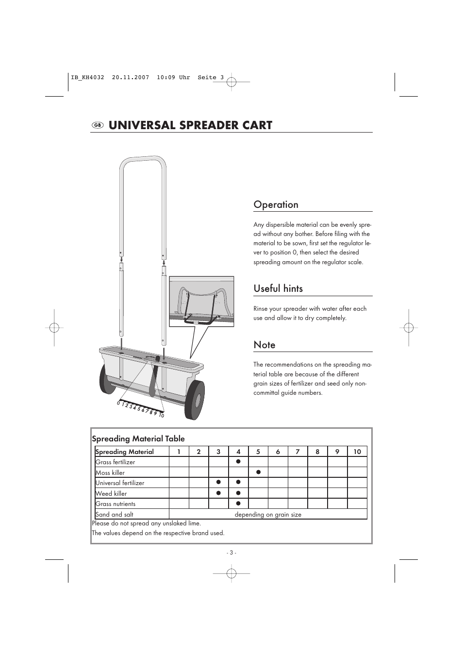 Universal spreader cart, Operation, Useful hints | Kompernass KH 4032 User Manual | Page 4 / 15