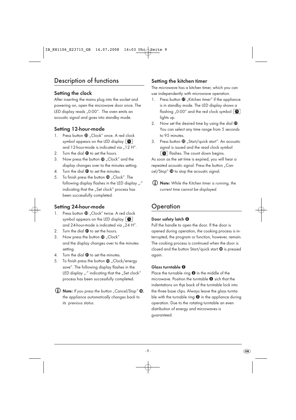 Description of functions, Operation | Kompernass KH 1106 User Manual | Page 11 / 34