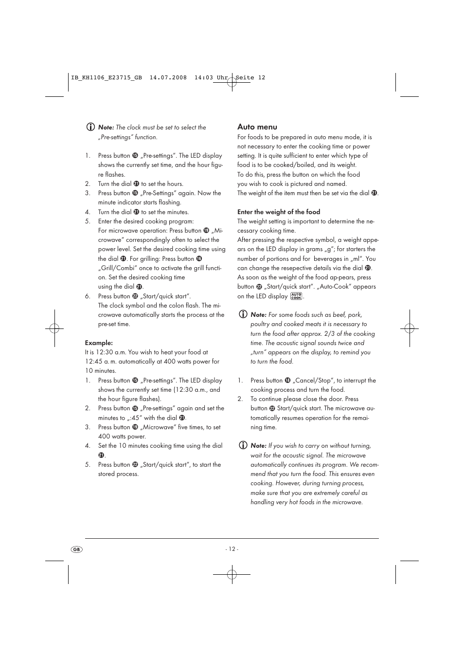 Auto menu | Kompernass KH 1106 User Manual | Page 14 / 34