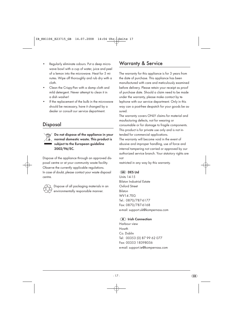 Disposal, Warranty & service | Kompernass KH 1106 User Manual | Page 19 / 34