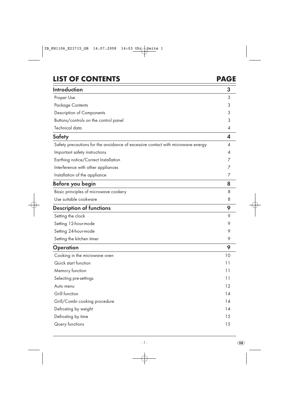 List of contents page | Kompernass KH 1106 User Manual | Page 3 / 34