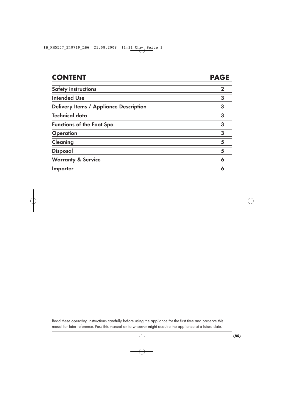 Content page | Kompernass FOOT SPA KH5557 User Manual | Page 3 / 8