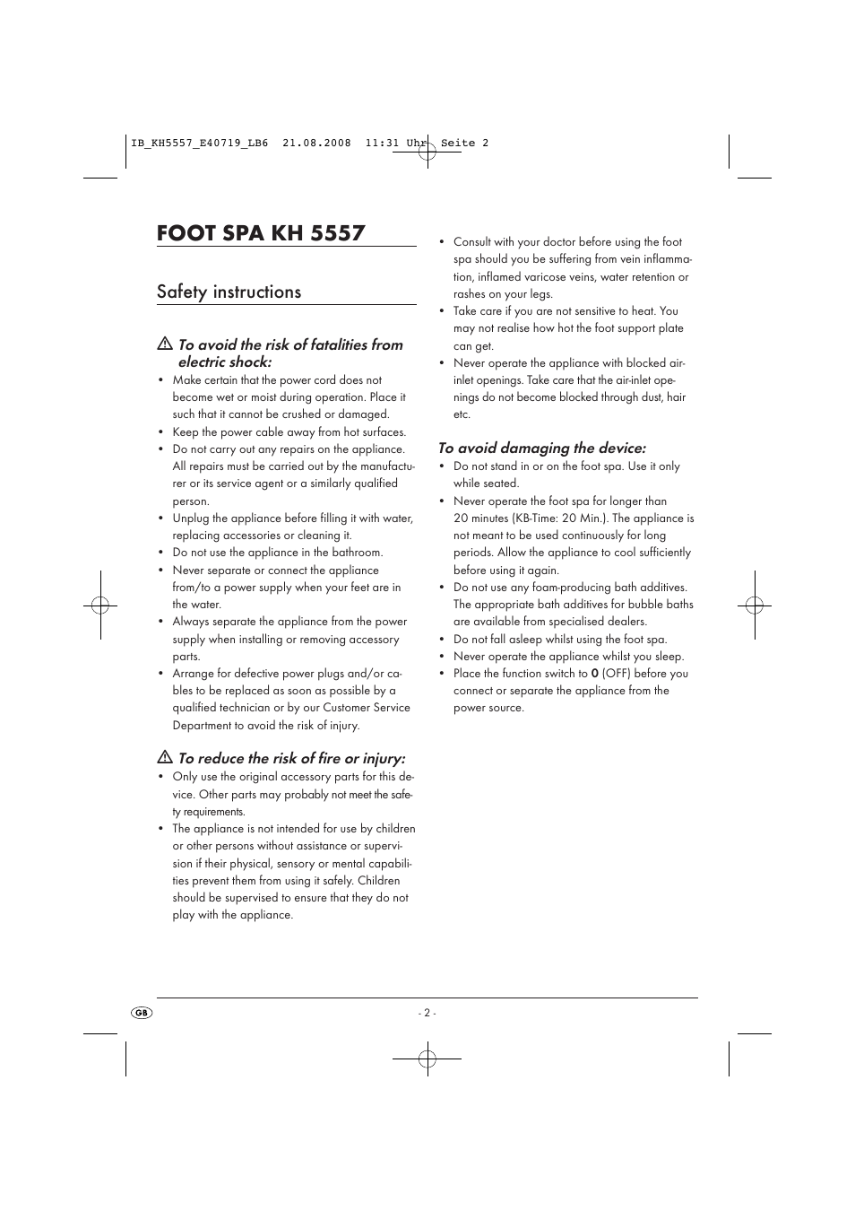 Foot spa kh 5557, Safety instructions | Kompernass FOOT SPA KH5557 User Manual | Page 4 / 8