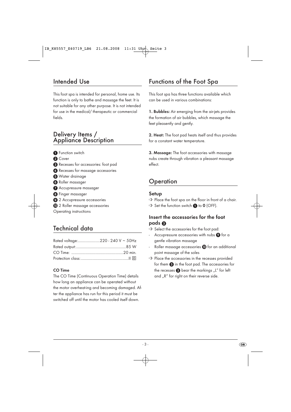 Intended use, Delivery items / appliance description, Technical data | Functions of the foot spa, Operation | Kompernass FOOT SPA KH5557 User Manual | Page 5 / 8